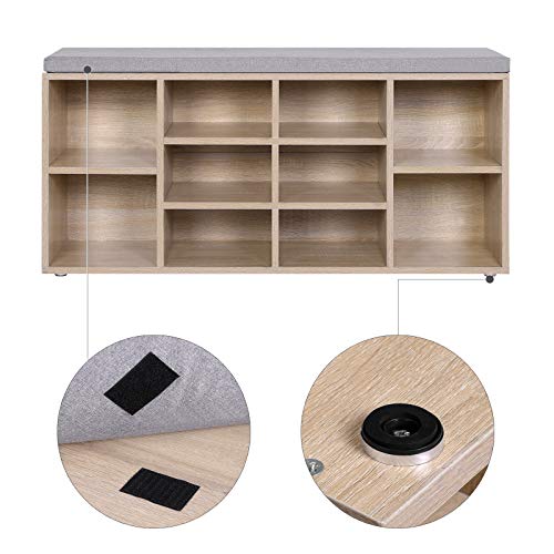 VASAGLE, VASAGLE Shoe Bench, Shoe Shelf, Storage Cabinet, 10 Compartments, with Cushion, for Entryway, 104 x 30 x 48 cm, Oak Colour LHS10NL
