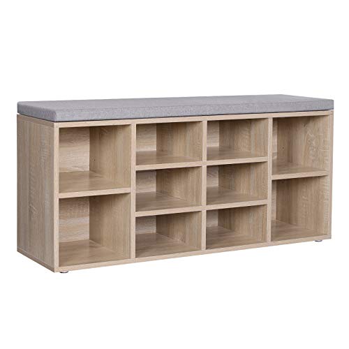 VASAGLE, VASAGLE Shoe Bench, Shoe Shelf, Storage Cabinet, 10 Compartments, with Cushion, for Entryway, 104 x 30 x 48 cm, Oak Colour LHS10NL