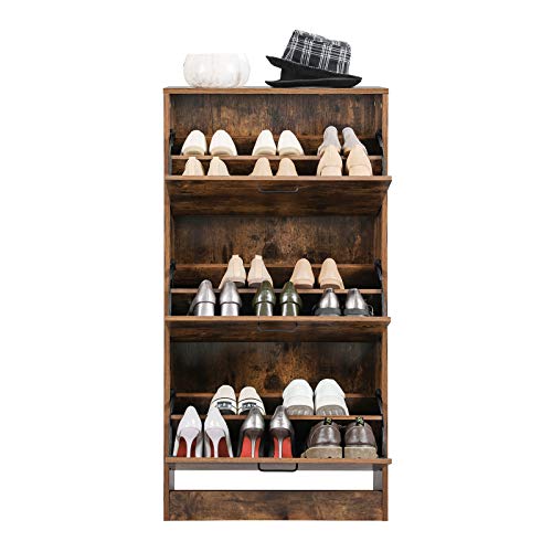 VASAGLE, VASAGLE Shoe Cabinet With 3 Flip Doors, 3-Tier Wooden Storage Cupboard, Perfect for Narrow Entrance, Hallway, Living Room, Bedroom