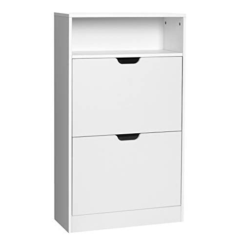 VASAGLE, VASAGLE Shoe Cabinet with 2 Flaps, Shoe Rack with an Open Shelf, Melamine Veneer, Easy to Clean, 60 x 24 x 102 cm, White LBC040W01