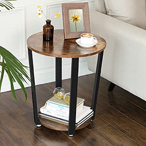 VASAGLE, VASAGLE Side Table, Round End Table with Steel Frame, for Living Room, Bedroom, Simple Assembly, Industrial, Rustic Brown
