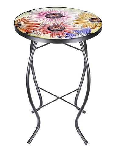 VCUTEKA, VCUTEKA Mosaic Patio Side Table Outdoor Accent Table Bistro Coffee Table Plant End Table Small Porch Table Indoor Round Glass Balcony