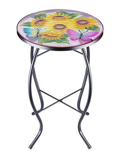 VCUTEKA, VCUTEKA Patio Side Table Plant Stands Outdoor Accent Table Small Mosaic Table Glass Top Round Balcony Coffee Table
