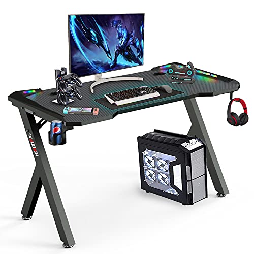 VIKOVCIM, VIKOVCIM Gaming Desk with Led Lights, R-Shaped PC Gaming Computer Desk with Cup Holder and Headphone Hook Holder