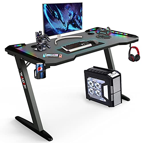 VIKOVCIM, VIKOVCIM Gaming Desk with Led Lights, Z-Shaped PC Gaming Computer Desk with Cup Holder and Headphone Hook Holder