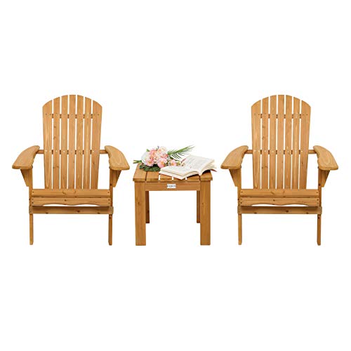 VINGLI, VINGLI Wooden Adirondack Chair and Table Set, Ergonomic Design, Folding Outdoor Patio Lounger Armchair Furniture w/Natural Finish