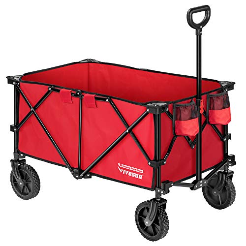 VIVOSUN, VIVOSUN Heavy Duty Folding Collapsible Wagon Utility Outdoor Camping Cart with Universal Wheels & Adjustable Handle, Red