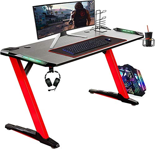 VONLUCE, VONLUCE Ergonomic Gaming Desk 55Inch 140 x 61 cm Z Shaped w 6-Colour Lighting, Computer Desk, Gaming Table w Large Mouse Mat