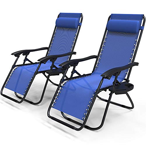 VOUNOT, VOUNOT Set of 2 Zero Gravity Sun Loungers, with Cup Holder and Phone Hoder, Adjustable Textoline Reclining Garden Chairs, Blue