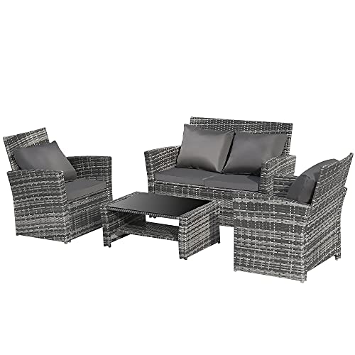 VOXY, VOXY Outdoor Garden Rattan Furniture Set, 4 Seater Patio Rattan Furniture Conversation Set with Glass Coffee Table, 4 Pcs Sofa Chair Set
