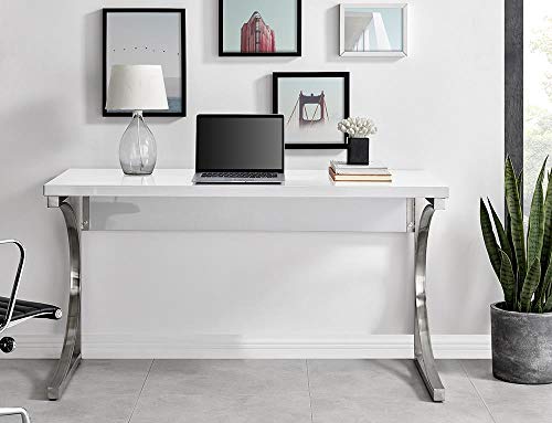 Furniturebox UK, Valencia White High Gloss Chrome Modern Office Desk Home Working Large 140cm