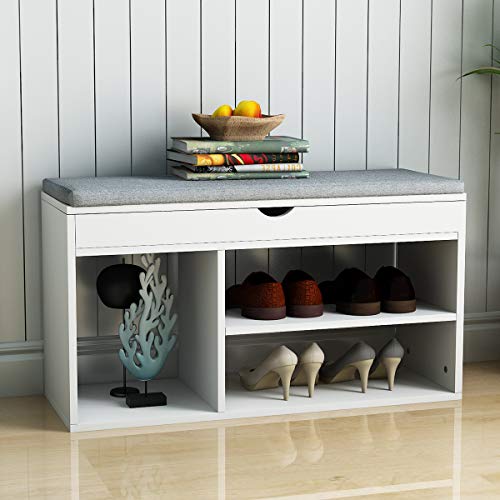 Vanimeu, Vanimeu Hallway Shoe Storage Bench White with Drawer and Seat Cushion Wooden (White Flip Cover)