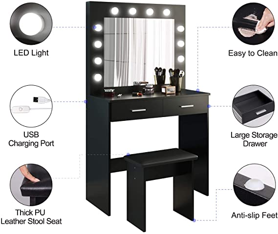 Colorstone, Vanity Corner Dressing Table Set with 3 Large Mirror&5 Drawers Makeup Desk Dresser 109cm (L) x 55cm (L) x 140cm (H) (Black)
