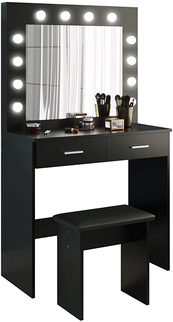 Colorstone, Vanity Corner Dressing Table Set with 3 Large Mirror&5 Drawers Makeup Desk Dresser 109cm (L) x 55cm (L) x 140cm (H) (Black)