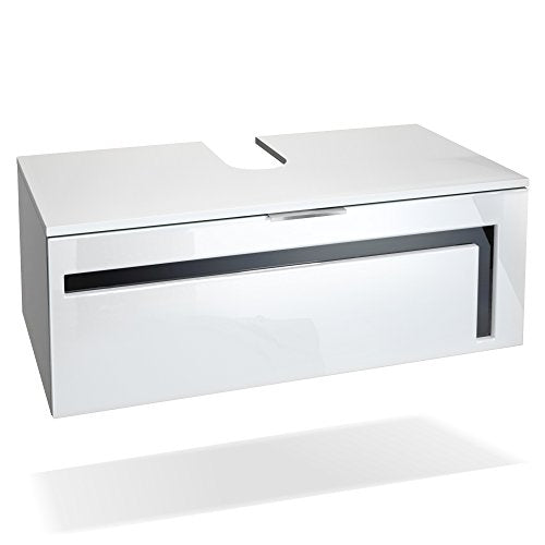 Vladon, Vanity Unit Bathroom Furniture Cabinet Aloha V2, Carcass in White matt/Fronts in White High Gloss with Offsets in Black High Gloss