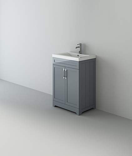 VeeBath, VeeBath Carlton Traditional Victorian Style Light Grey Twin Door Vanity Basin Cabinet Furniture Unit & Basin - 600mm