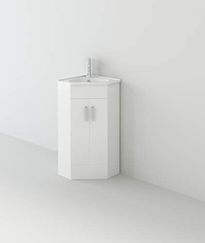 VeeBath, VeeBath Linx Bathroom Cloakroom Corner Basin Vanity Cabinet Unit High Gloss Double Door White Sink Furniture 500 x 470mm
