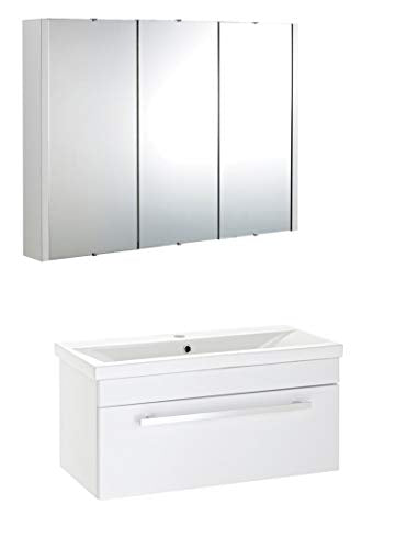 VeeBath, VeeBath Sobek Bathroom Furniture Set - 700mm White High Gloss Wall Mounted Hung Vanity Basin Unit & Wall Mirror Cabinet