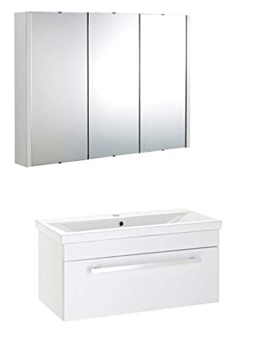 VeeBath, VeeBath Sobek Bathroom Furniture Set - 800mm White High Gloss Wall Mounted Hung Vanity Basin Unit & Wall Mirror Cabinet