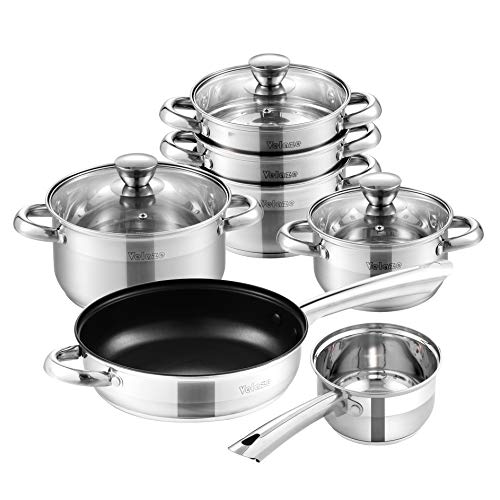 Velaze, Velaze Cookware Set, Series Arthus, 10-Piece Stainless Steel Pot & Pan Sets, Induction Safe, Saucepan, Casserole with Glass lid,Steamer,Frypan