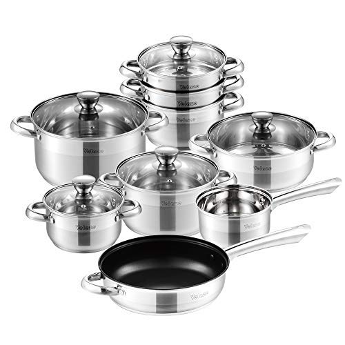 Velaze, Velaze Cookware Set, Series Arthus, 14-Piece Stainless Steel Pot & Pan Sets, Induction Safe, Saucepan, Casserole with Glass lid,Steamer,Frypan