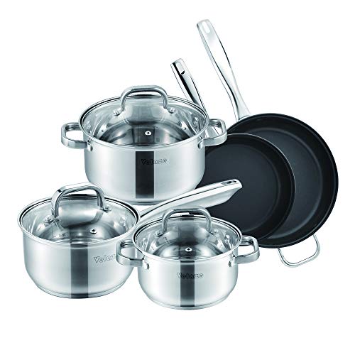 Velaze, Velaze Cookware Set, Series Eloria, 8-Piece Pan Set, Induction Safe, Non Stick Frying Pan,Saucepan, Casserole with Glass lid - Stainless Steel