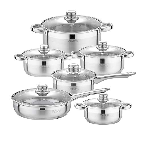 Velaze, Velaze Cookware Set, Series Motti, 12-Piece Stainless Steel Pot & Pan Sets, Induction Safe, Saucepan, Casserole, Casserole, pan with Glass