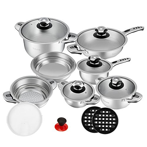 Velaze, Velaze Pot & Pan Sets, Series Haru, 16-Piece Stainless Steel Cookware Set, Induction, Includes Saucepan, Saucepan, Pan, Salad Bowl, Steaming