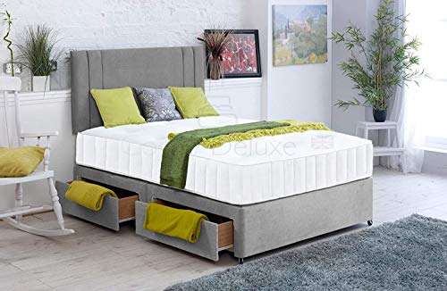 Comfy Deluxe LTD, Velvet Divan Bed with 1000 Pocket Memory Mattress and 20 INCH Savannah Vertical Two-LINE HEADBOARD!!! (Silver, 4FT6-0 Drawer)