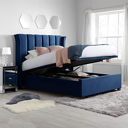 happybeds, Velvet Ottoman Bed, Happy Beds Fenton Blue Fabric Modern Ottoman Storage Bed - 6ft Super King (180 x 200 cm) Frame Only