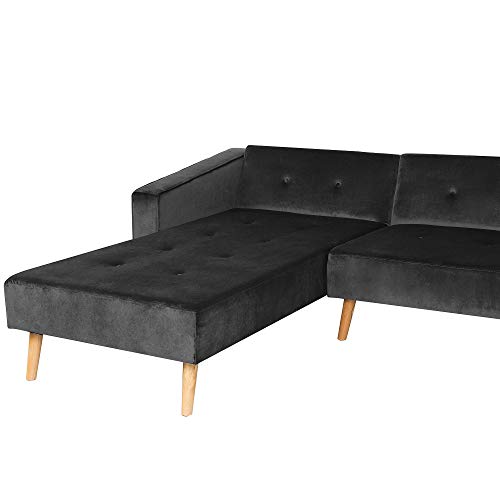 Beliani, Velvet Right Hand Corner Sofa Bed Black Buttoned Sleeper Vadso