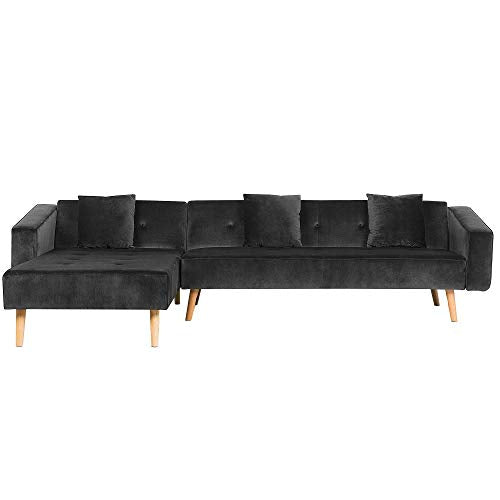 Beliani, Velvet Right Hand Corner Sofa Bed Black Buttoned Sleeper Vadso