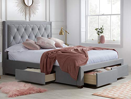 happybeds, Velvet Storage Bed, Happy Beds Woodbury Grey Fabric Modern 4 Drawer Storage Bed - 6ft Super King (180 x 200 cm) Frame Only