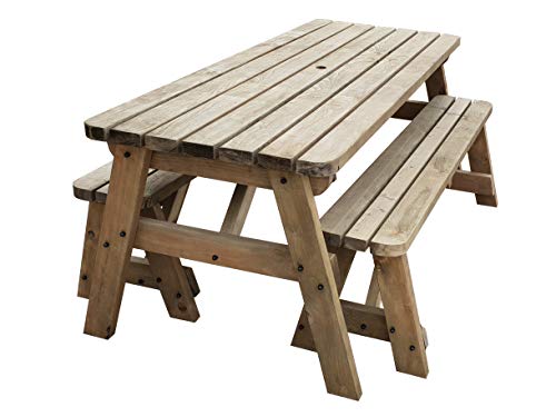 Arbor Garden Solutions, Victoria Compact Rounded Wooden Picnic Table and Benches Set, Space Saving Outdoor Garden Furniture With Benches Sliding Under The Table - Light Green or Rustic Brown Finish (5ft, Rustic Brown)