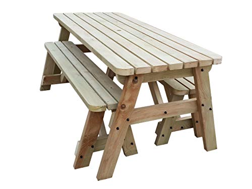 Arbor Garden Solutions, Victoria Compact Rounded Wooden Picnic Table and Benches Set, Space Saving Outdoor Garden Furniture With Benches Sliding Under The Table