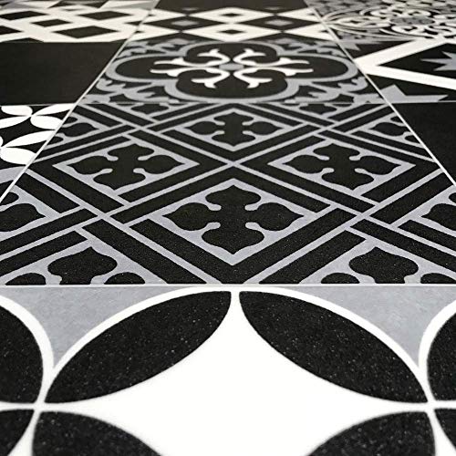 Best4flooring, Victorian Tile Effect Sheet Vinyl Flooring Black, Grey & White Geometric Patterned Kitchen & Bathroom Cushioned Lino Roll Vivre 90