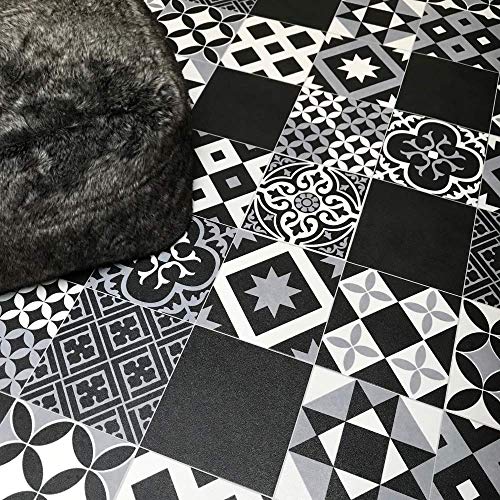 Best4flooring, Victorian Tile Effect Sheet Vinyl Flooring Black, Grey & White Geometric Patterned Kitchen & Bathroom Cushioned Lino Roll Vivre 90