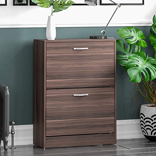 Vida Designs, Vida Designs 2 Drawer Shoe Cabinet Cupboard Shoe Storage Organiser Pull Down Wooden Furniture Unit, Walnut