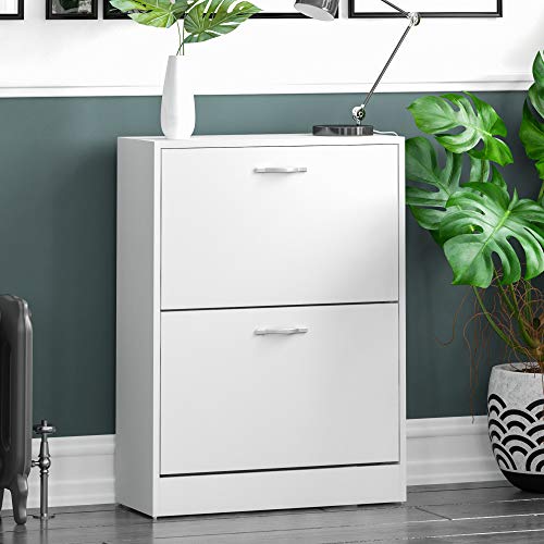 Vida Designs, Vida Designs 2 Drawer Shoe Cabinet Cupboard Shoe Storage Organiser Pull Down Wooden Furniture Unit, White