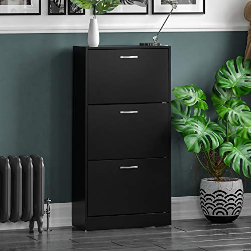 Vida Designs, Vida Designs 3 Drawer Shoe Cabinet Cupboard Shoe Storage Organiser Pull Down Wooden Furniture Unit, Black