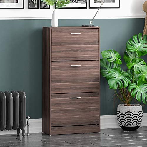 Vida Designs, Vida Designs 3 Drawer Shoe Cabinet Cupboard Shoe Storage Organiser Pull Down Wooden Furniture Unit, Walnut