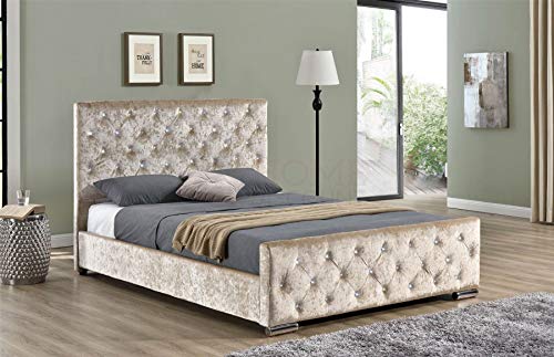 Vida Designs, Vida Designs Arabella Double Bed, 4ft6 Bed Frame Upholstered Fabric Headboard Bedroom Furniture, Crushed Velvet Champagne