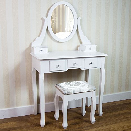 Vida Designs, Vida Designs Nishano Dressing Table With Stool 5 Drawer Oval Adjustable Mirror Bedroom Set Makeup Cosmetics Dresser Furniture, White