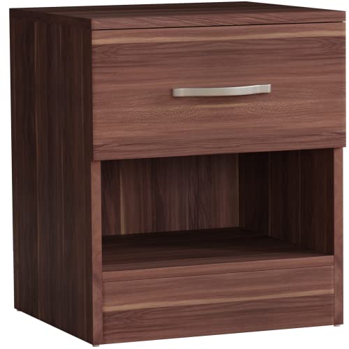 Vida Designs, Vida Designs Walnut Bedside Cabinet, 1 Drawer With Metal Handles and Runners, Unique Anti-Bowing Drawer Support, Riano Bedroom