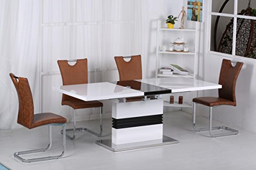 Furniturevilla, Vienna High Gloss Ext Dining Set White & Black, Top with Stainless Steel Base,1600W + (400) x 900D x 760H, 6 PU Chrome Chairs Antique Brown
