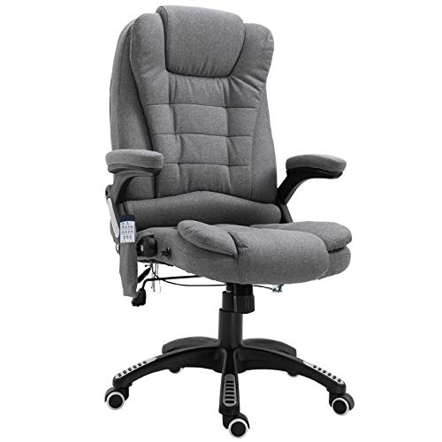 Vinsetto, Vinsetto Massage Office Chair 130° Recliner Ergonomic Gaming Seven Point Heated Home Office Padded Linen Fabric & Swivel Base Grey