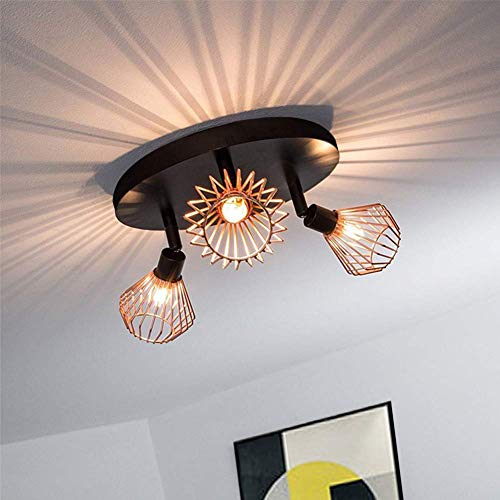 ktjes, Vintage 3 Way Ceiling Light, Industrial 3 Lights Flush Lights with 3 Copper Birdcage Retro Adjustable Kitchen Ceiling Spotlights