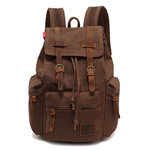 autumndeer, Vintage Unisex Casual Leather Backpack Canvas Rucksack Bookbag Satchel Hiking Backpack Travel Outdoor Shouder Bag