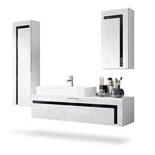 Vladon, Vladon Bathroom Furniture Set Storage Cabinet Aloha, Carcass in White matt/Fronts in White High Gloss and Offsets in Black High Gloss