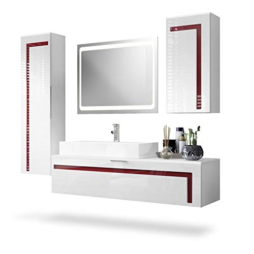 Vladon, Vladon Bathroom Furniture Set Storage Cabinet Aloha, Carcass in White matt/Fronts in White High Gloss and Offsets in Bordeaux High Gloss